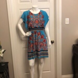 Calessa pullover elastic waist Boho colorful dress built in under shirt SZ S